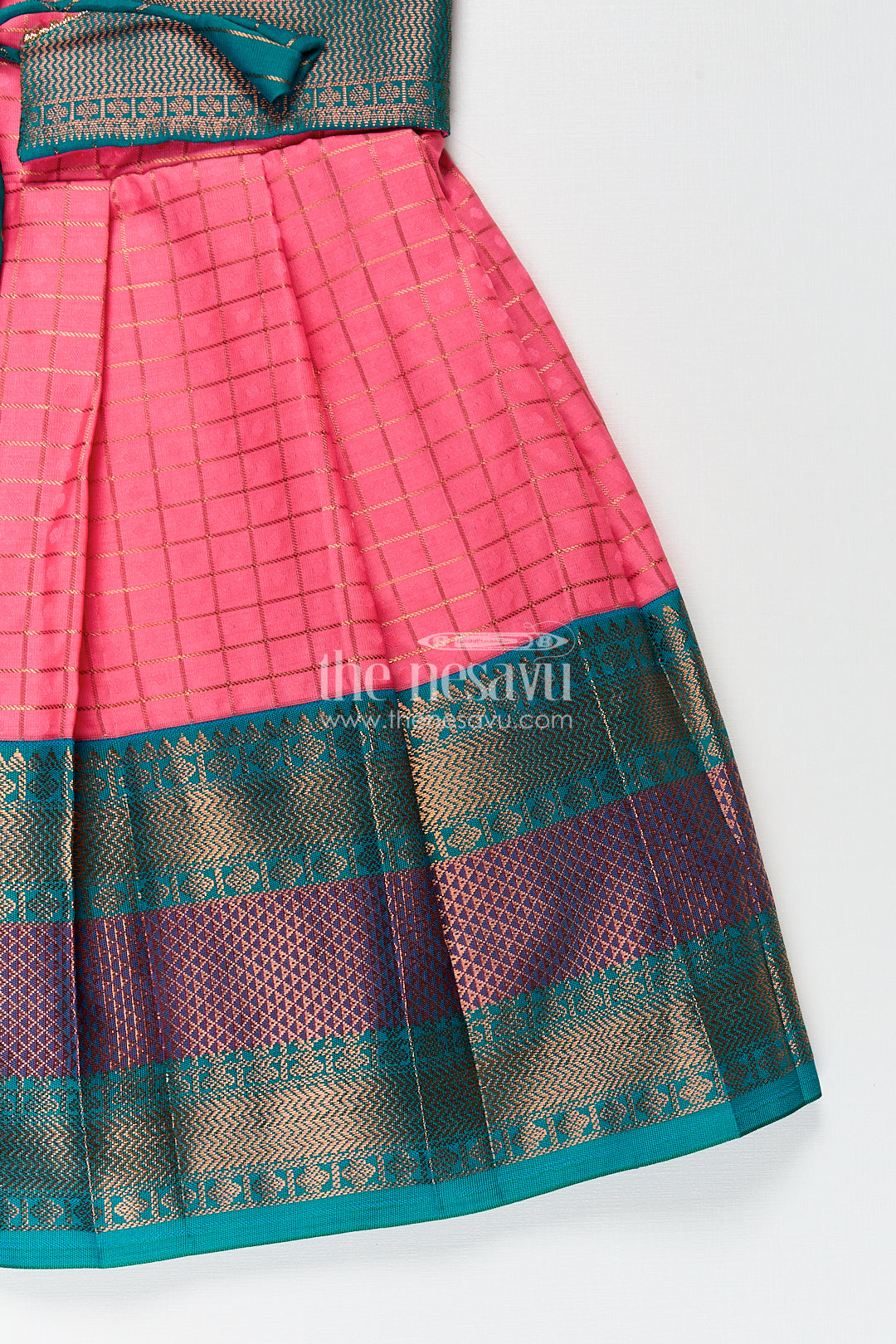Girls Kanchivaram Pink Silk Dress with Puff Sleeves and Green Zari Overlay for Traditional Celebrations