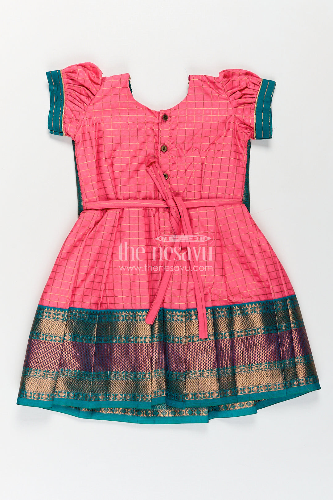 Girls Kanchivaram Pink Silk Dress with Puff Sleeves and Green Zari Overlay for Traditional Celebrations