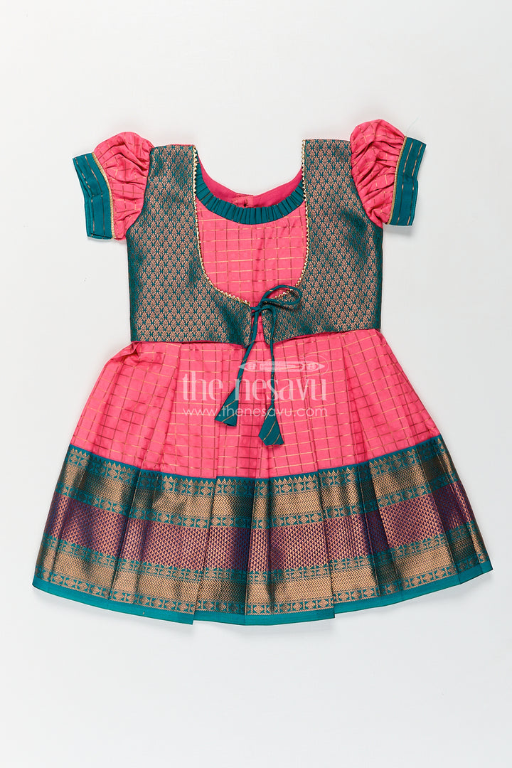 Girls Kanchivaram Pink Silk Dress with Puff Sleeves and Green Zari Overlay for Traditional Celebrations
