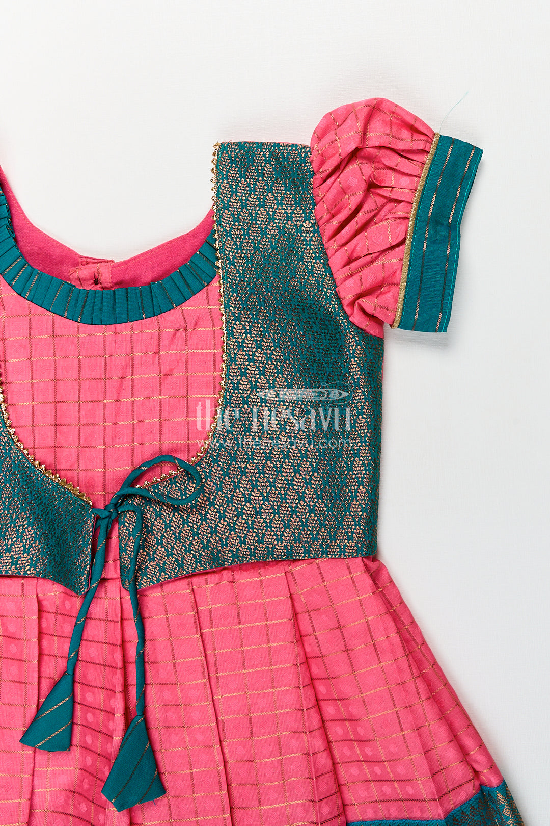 Girls Kanchivaram Pink Silk Dress with Puff Sleeves and Green Zari Overlay for Traditional Celebrations