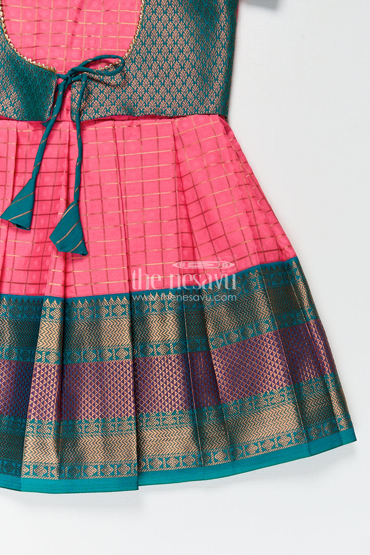 Girls Kanchivaram Pink Silk Dress with Puff Sleeves and Green Zari Overlay for Traditional Celebrations