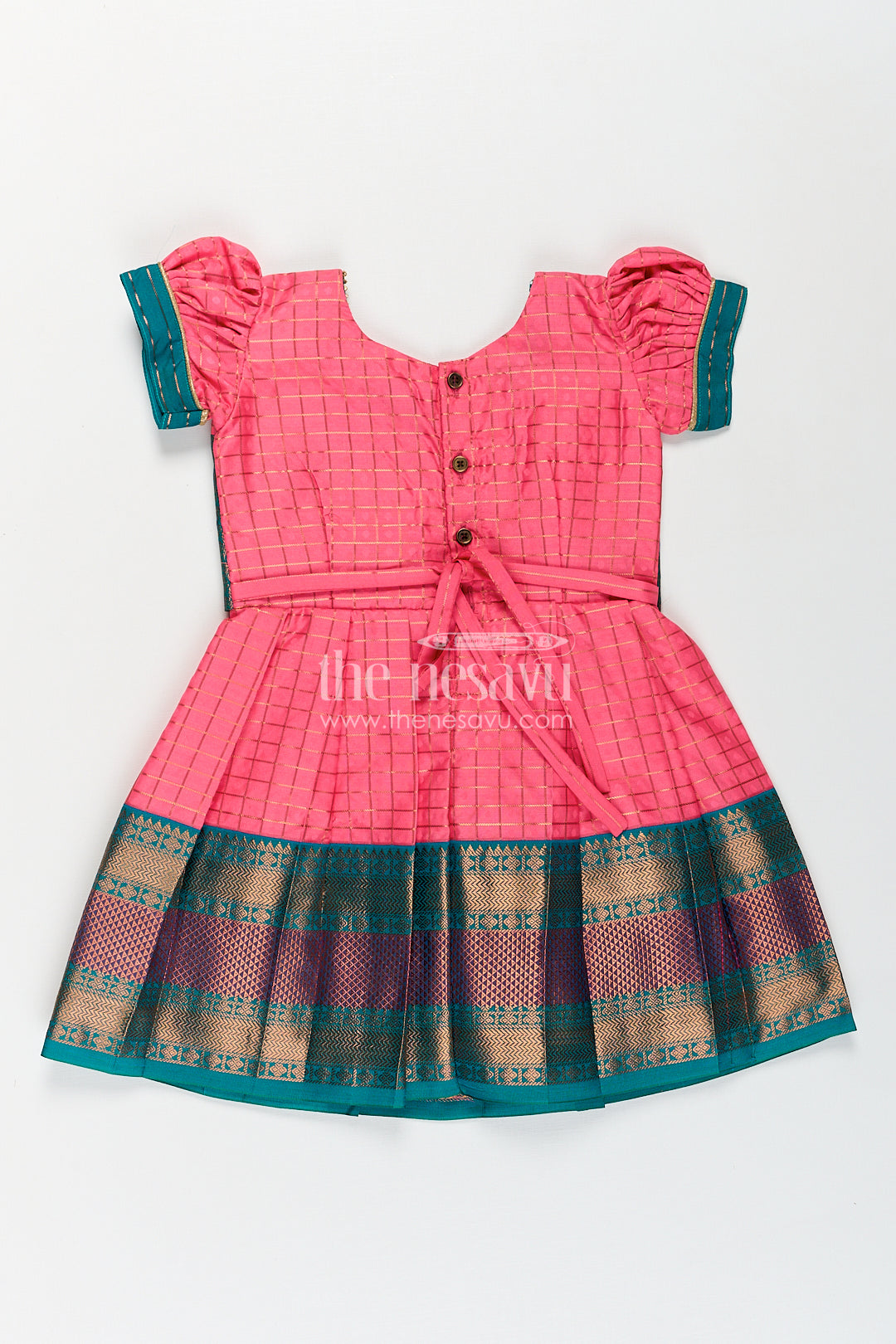 Girls Kanchivaram Pink Silk Dress with Puff Sleeves and Green Zari Overlay for Traditional Celebrations