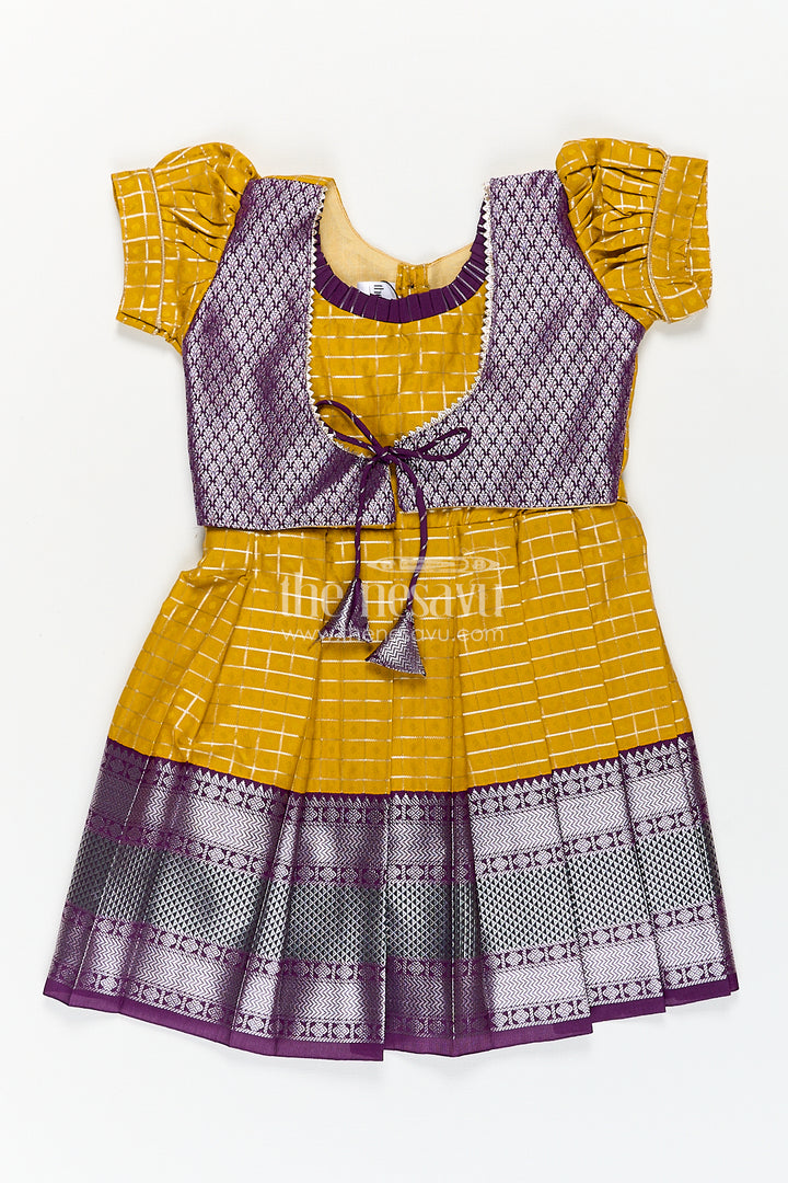 Girls Kanchivaram Traditional Dress Frock in Mustard Yellow with Puff Sleeves and Purple Zari Border