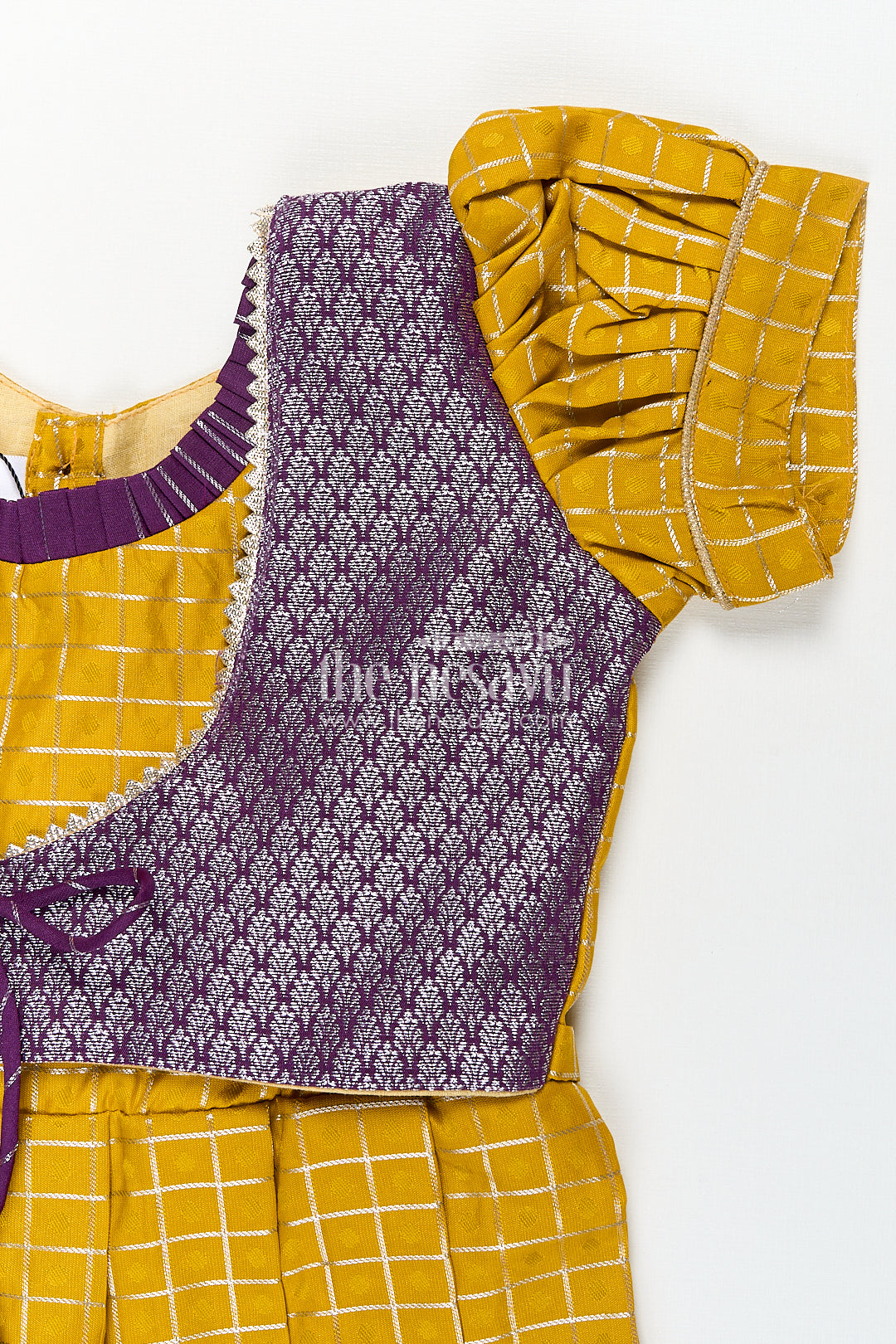 Girls Kanchivaram Traditional Dress Frock in Mustard Yellow with Puff Sleeves and Purple Zari Border