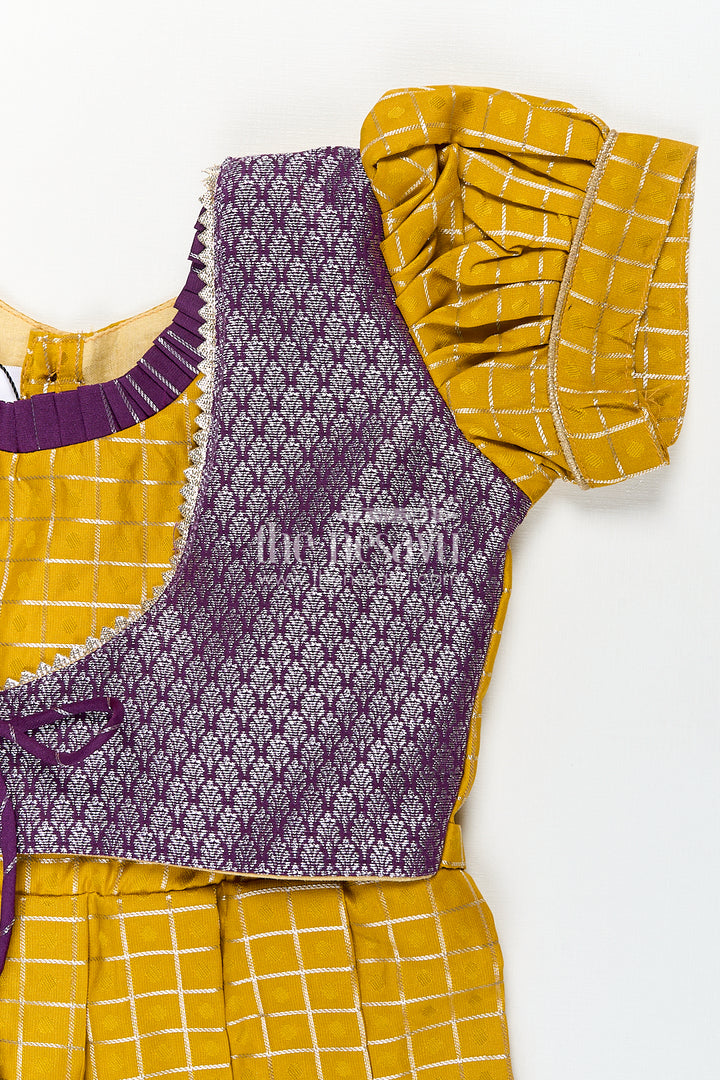 Girls Kanchivaram Traditional Dress Frock in Mustard Yellow with Puff Sleeves and Purple Zari Border