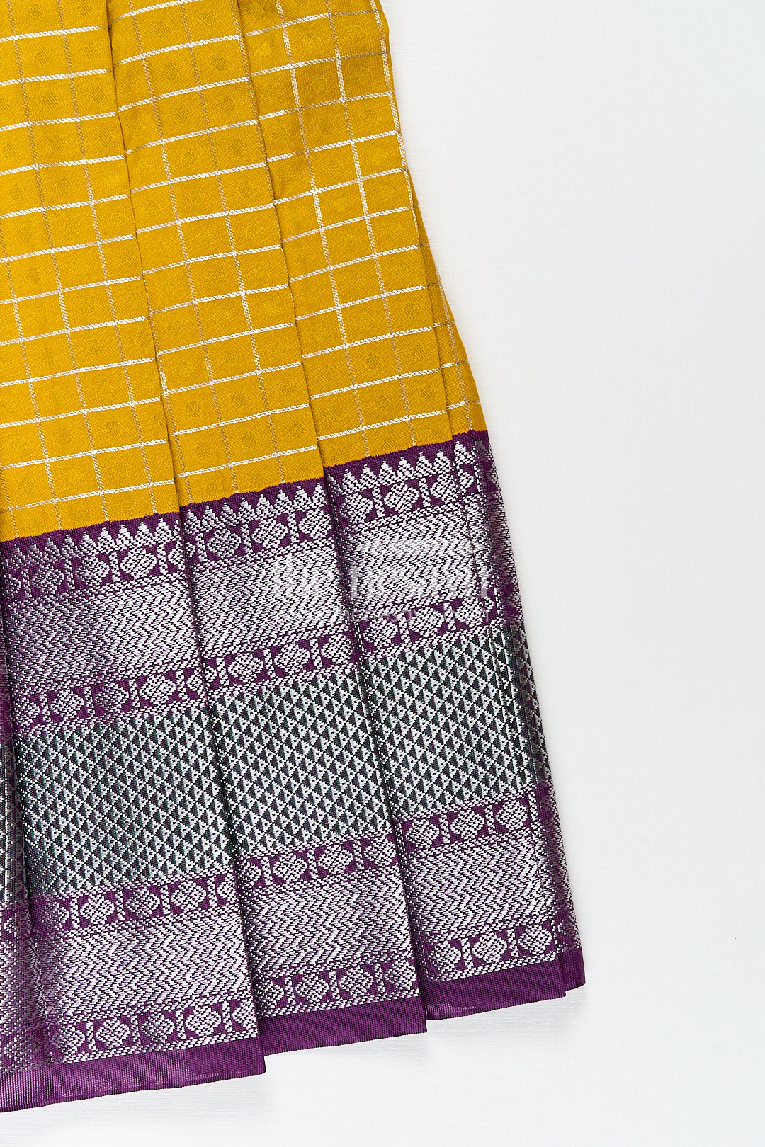 Girls Kanchivaram Traditional Dress Frock in Mustard Yellow with Puff Sleeves and Purple Zari Border