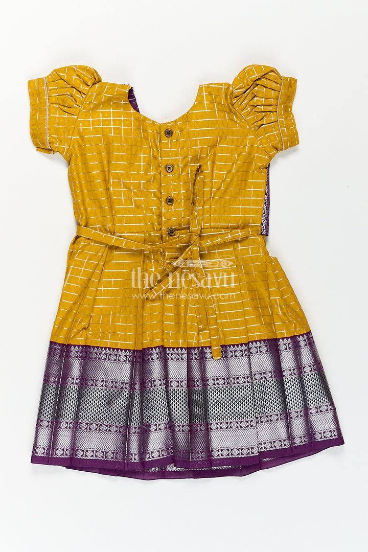 Girls Kanchivaram Traditional Dress Frock in Mustard Yellow with Puff Sleeves and Purple Zari Border