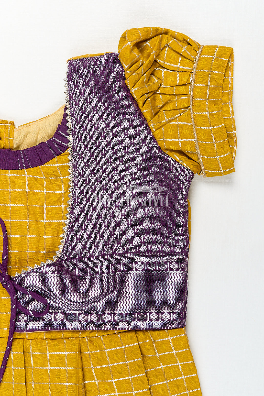 Girls Kanchivaram Traditional Dress Frock in Mustard Yellow with Puff Sleeves and Purple Zari Border