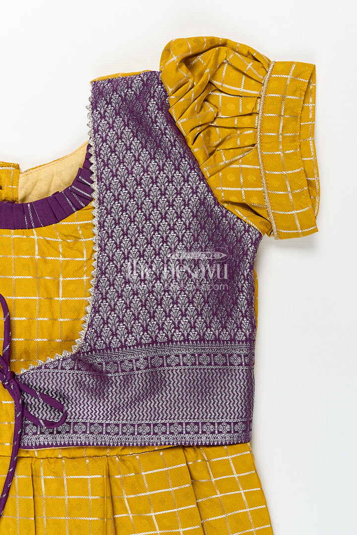 Girls Kanchivaram Traditional Dress Frock in Mustard Yellow with Puff Sleeves and Purple Zari Border