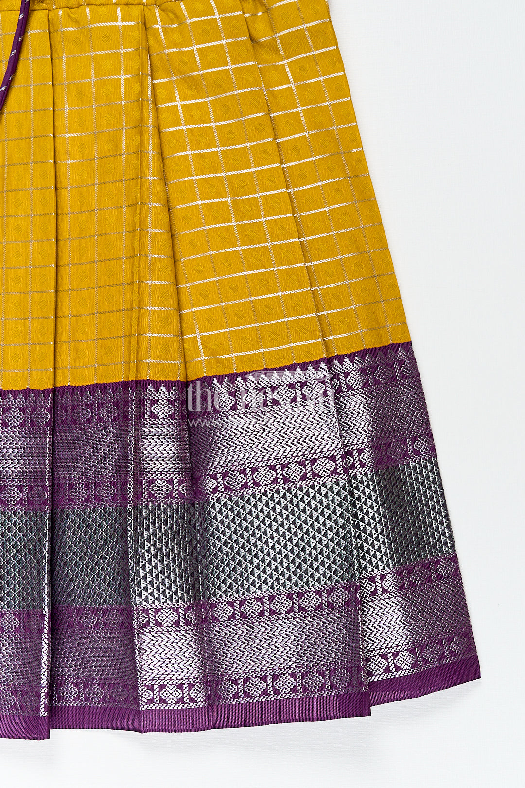Girls Kanchivaram Traditional Dress Frock in Mustard Yellow with Puff Sleeves and Purple Zari Border