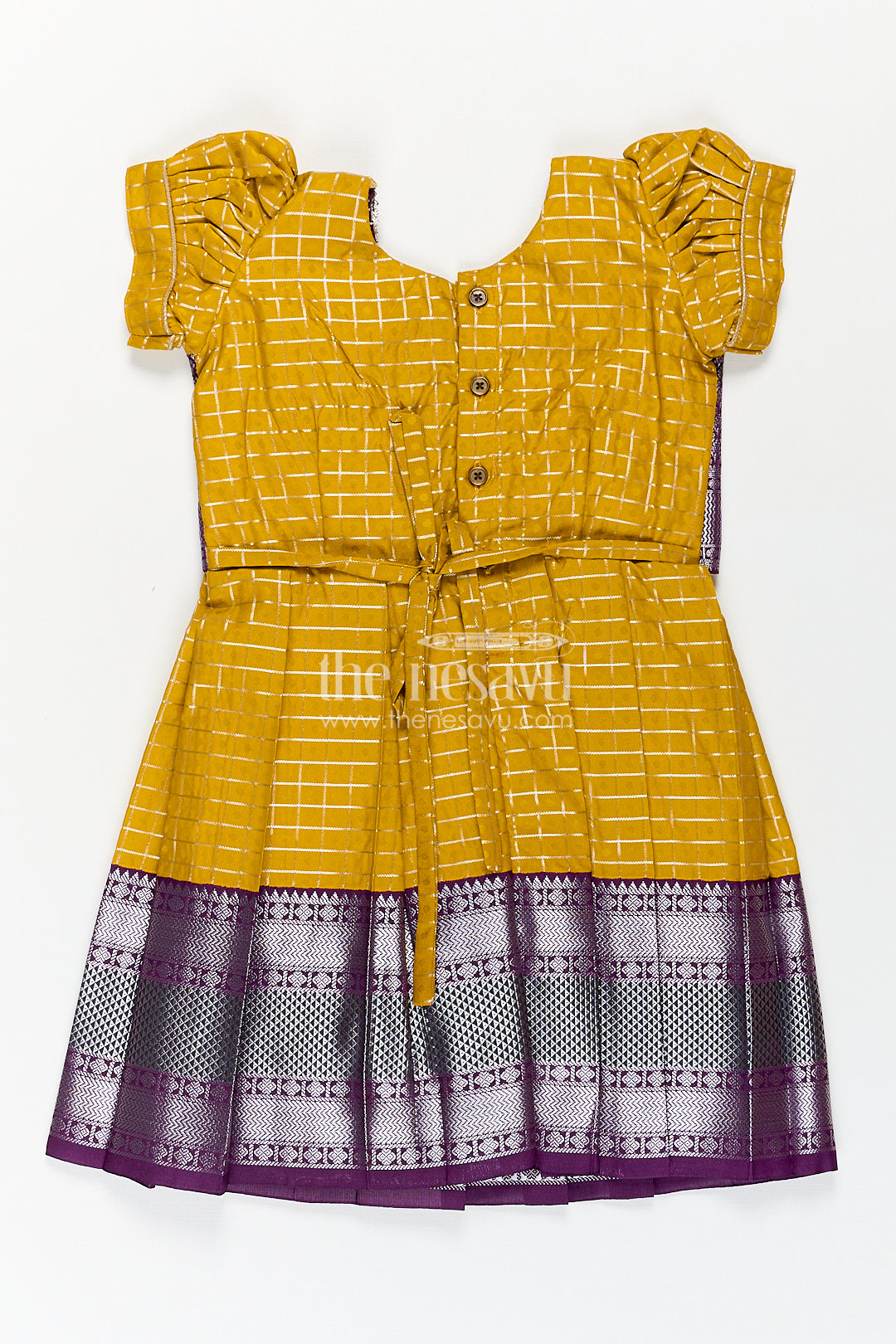 Girls Kanchivaram Traditional Dress Frock in Mustard Yellow with Puff Sleeves and Purple Zari Border