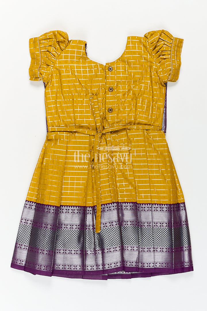 Girls Kanchivaram Traditional Dress Frock in Mustard Yellow with Puff Sleeves and Purple Zari Border