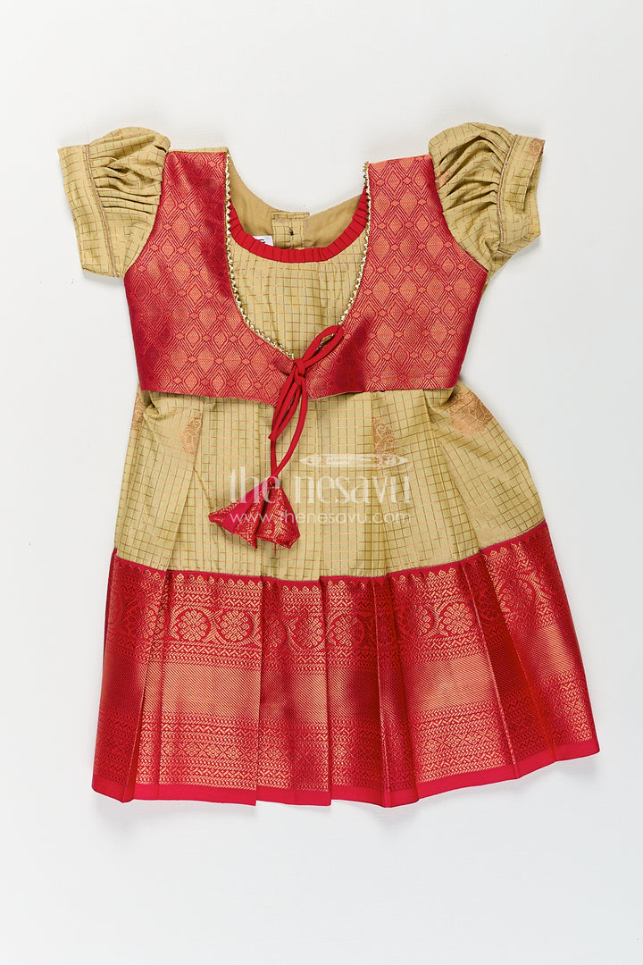 Girls Kanchivaram Cream Colour Frocks with Puff Sleeves and Rich Red Zari Border for Elegant Ethnic Appeal