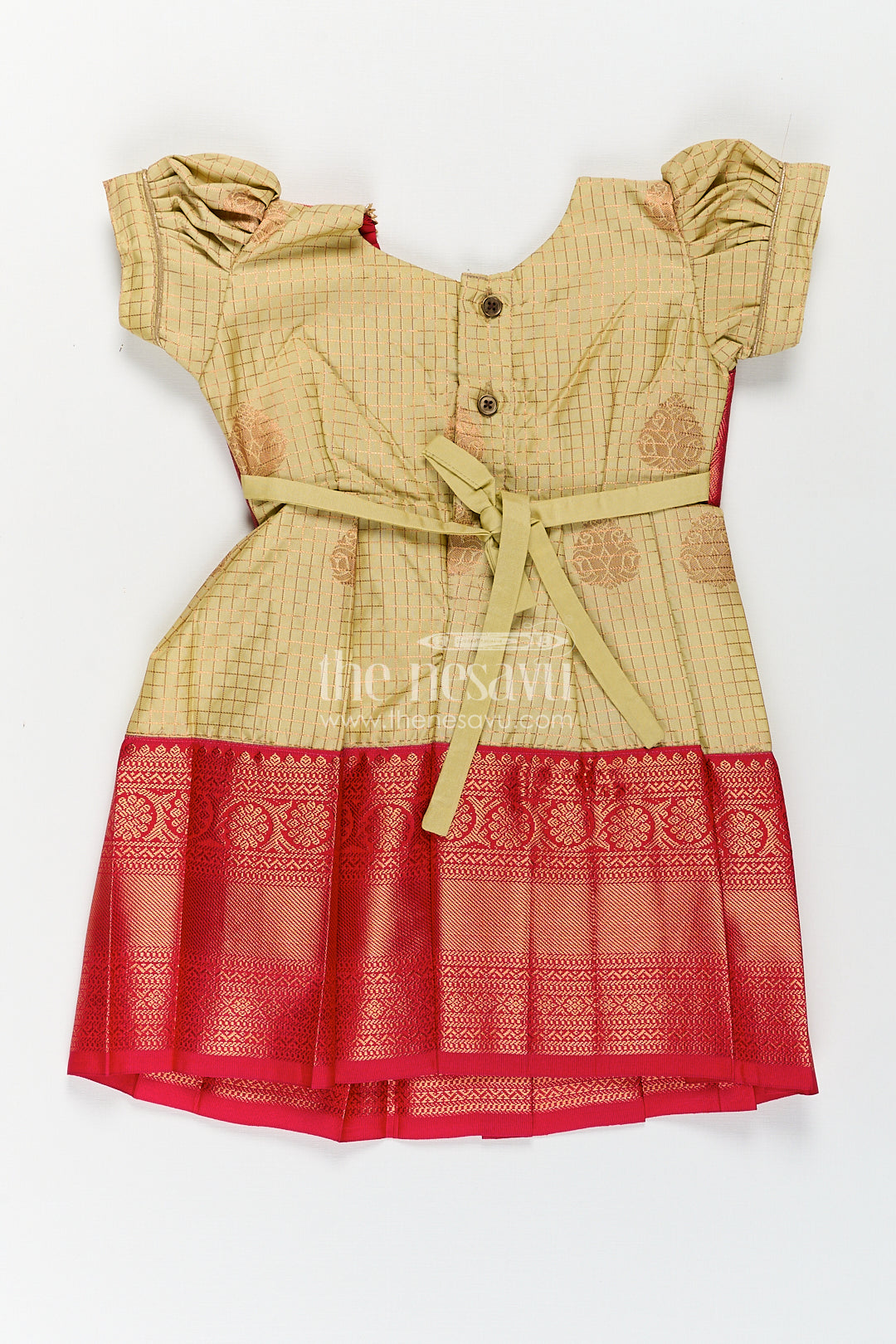 Girls Kanchivaram Cream Colour Frocks with Puff Sleeves and Rich Red Zari Border for Elegant Ethnic Appeal