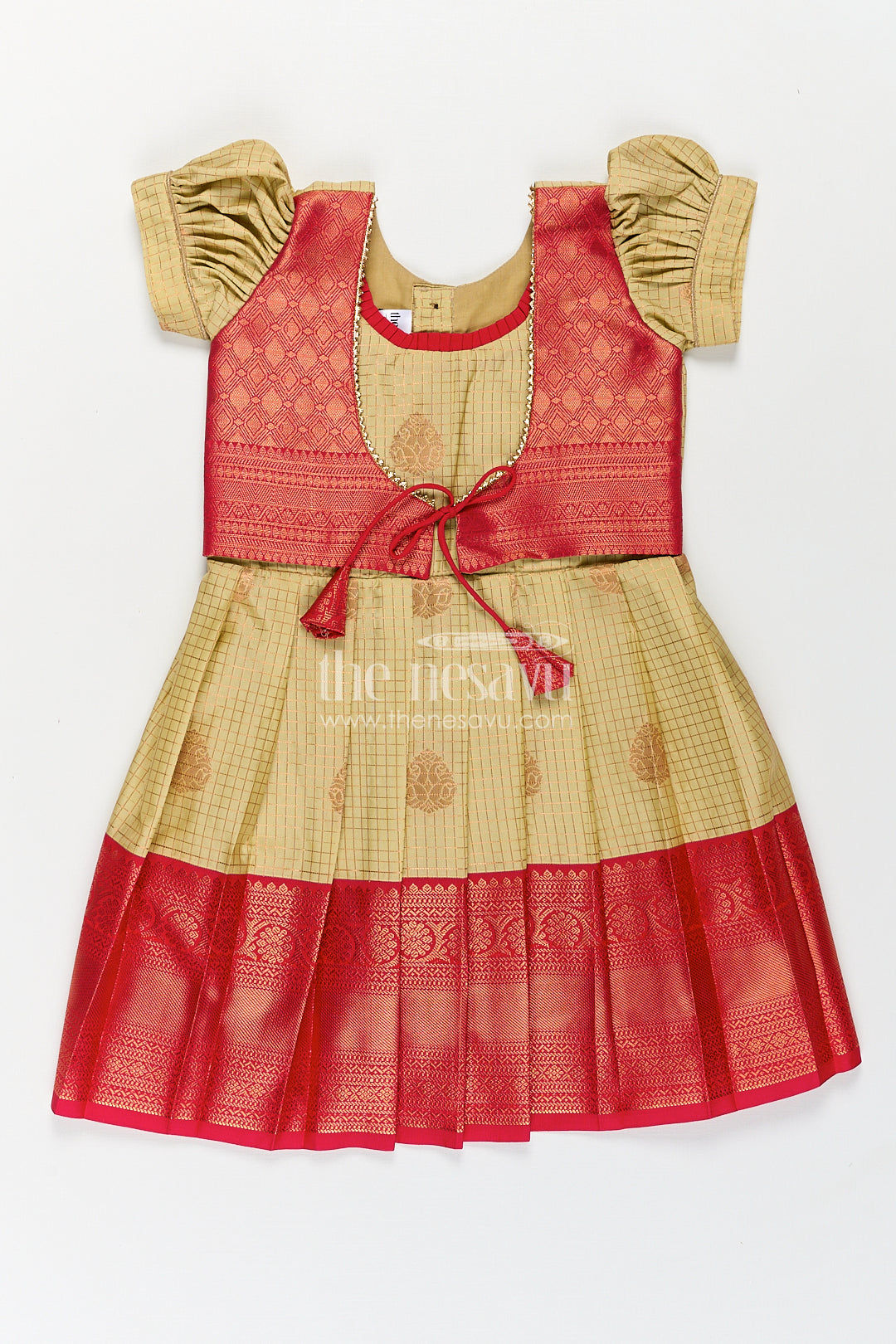 Girls Kanchivaram Cream Colour Frocks with Puff Sleeves and Rich Red Zari Border for Elegant Ethnic Appeal