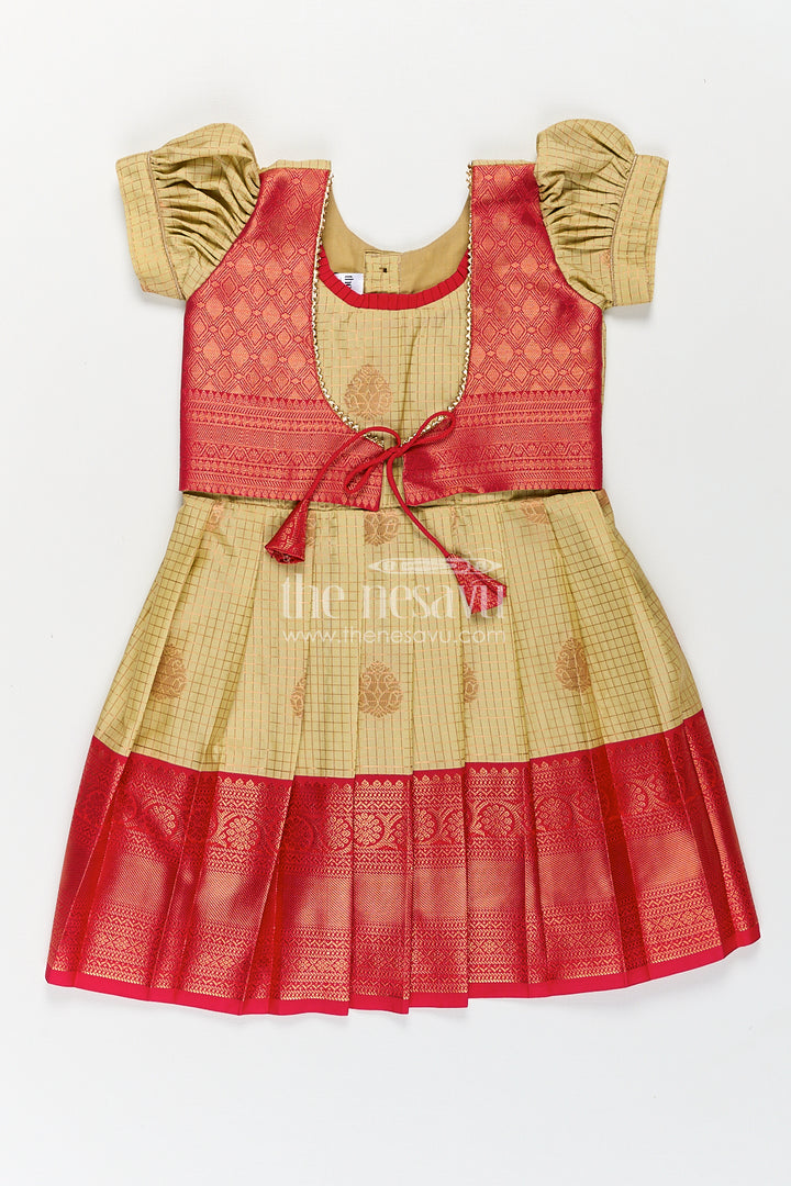 Girls Kanchivaram Cream Colour Frocks with Puff Sleeves and Rich Red Zari Border for Elegant Ethnic Appeal