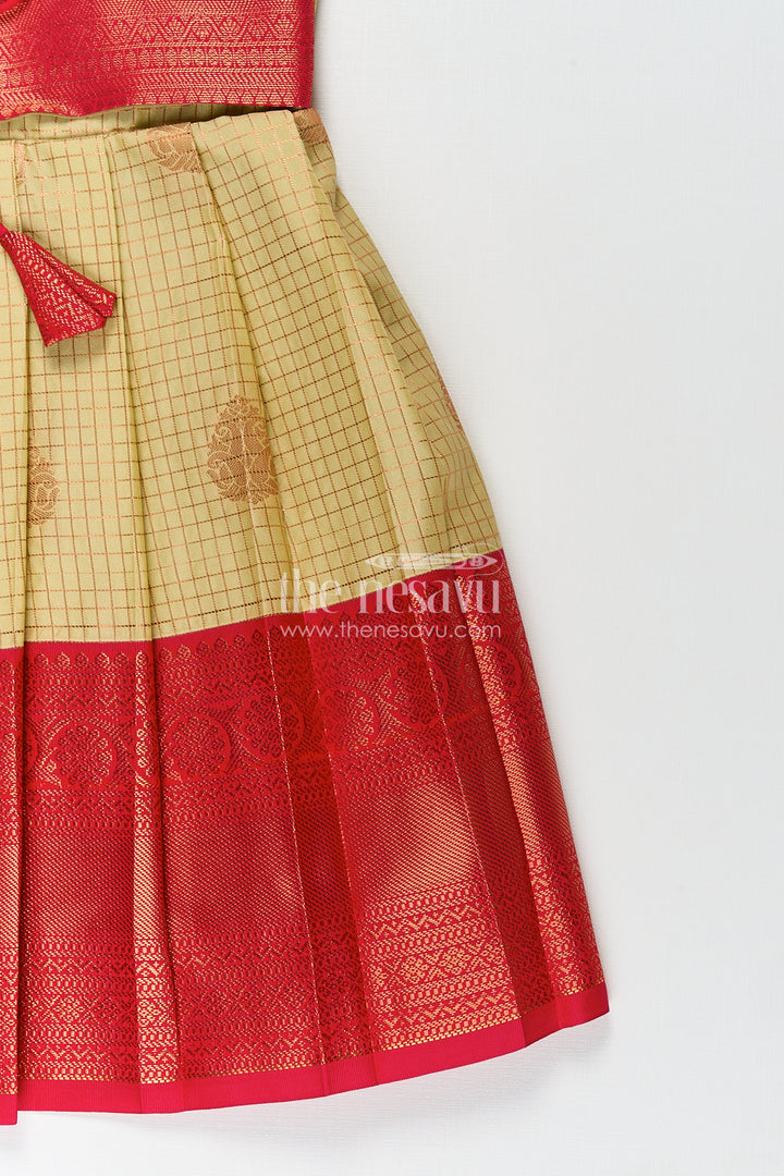 Girls Kanchivaram Cream Colour Frocks with Puff Sleeves and Rich Red Zari Border for Elegant Ethnic Appeal