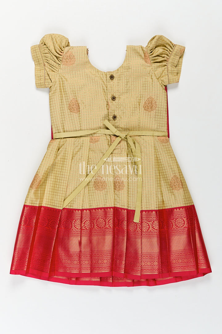 Girls Kanchivaram Cream Colour Frocks with Puff Sleeves and Rich Red Zari Border for Elegant Ethnic Appeal