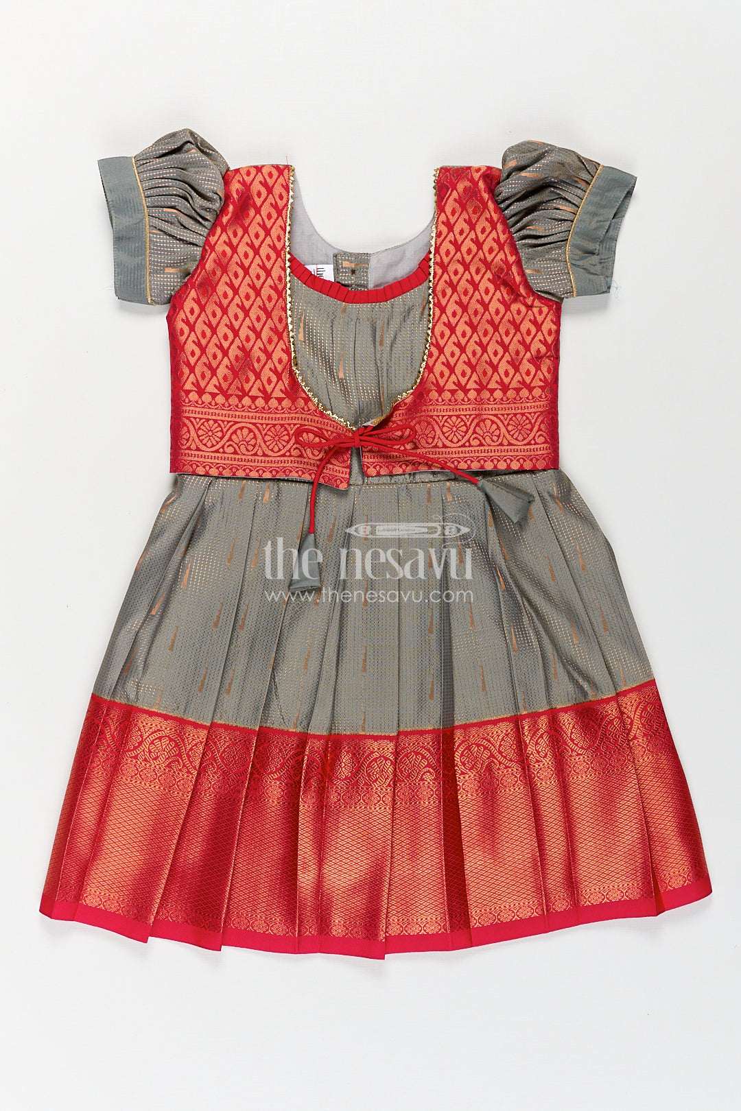 Girls Kanchivaram Long Pattu Frock with Puff Sleeves in Grey Silk and Rich Red Zari Border Finish