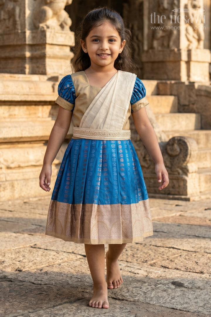 Infant Silk Dress in Semi Kanchivaram with Royal Blue Weave Thread Embroidery and Lace Dupatta Accent