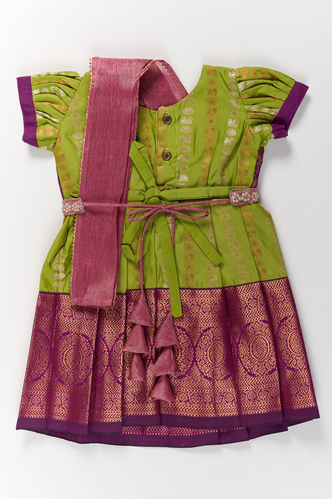 Vibrant Green and Maroon Infant Pattu Pavadai for Baby Girls with Zari Borders