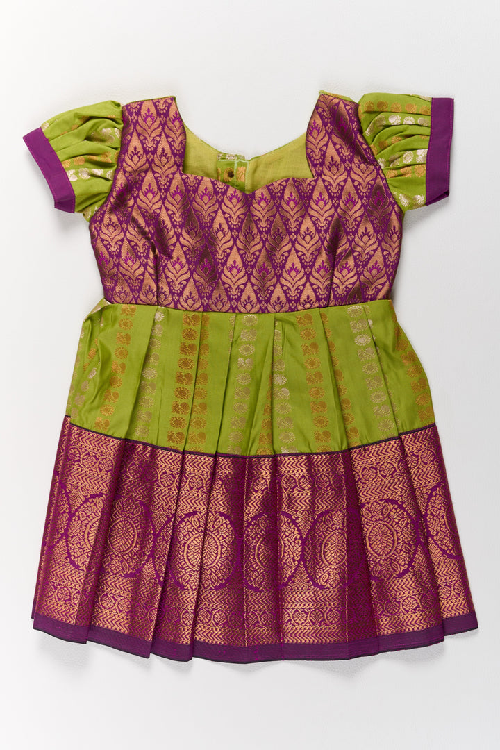 Vibrant Green and Maroon Infant Pattu Pavadai for Baby Girls with Zari Borders