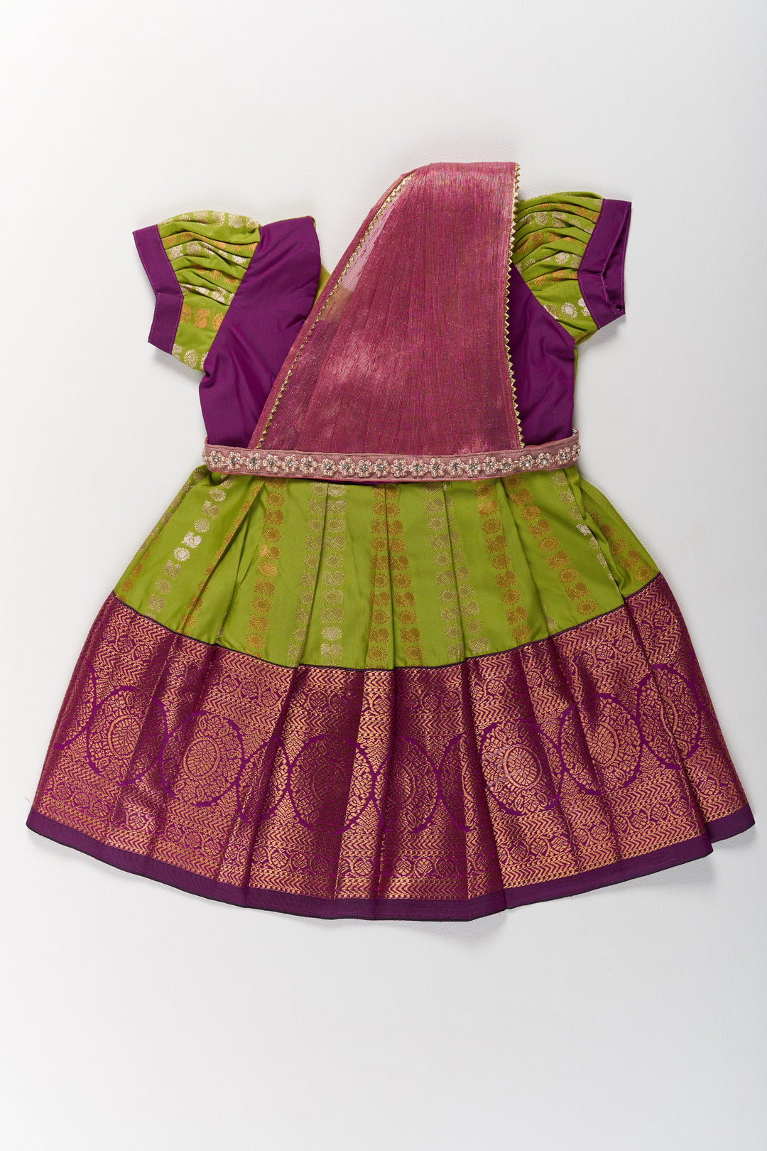 Vibrant Green and Maroon Infant Pattu Pavadai for Baby Girls with Zari Borders