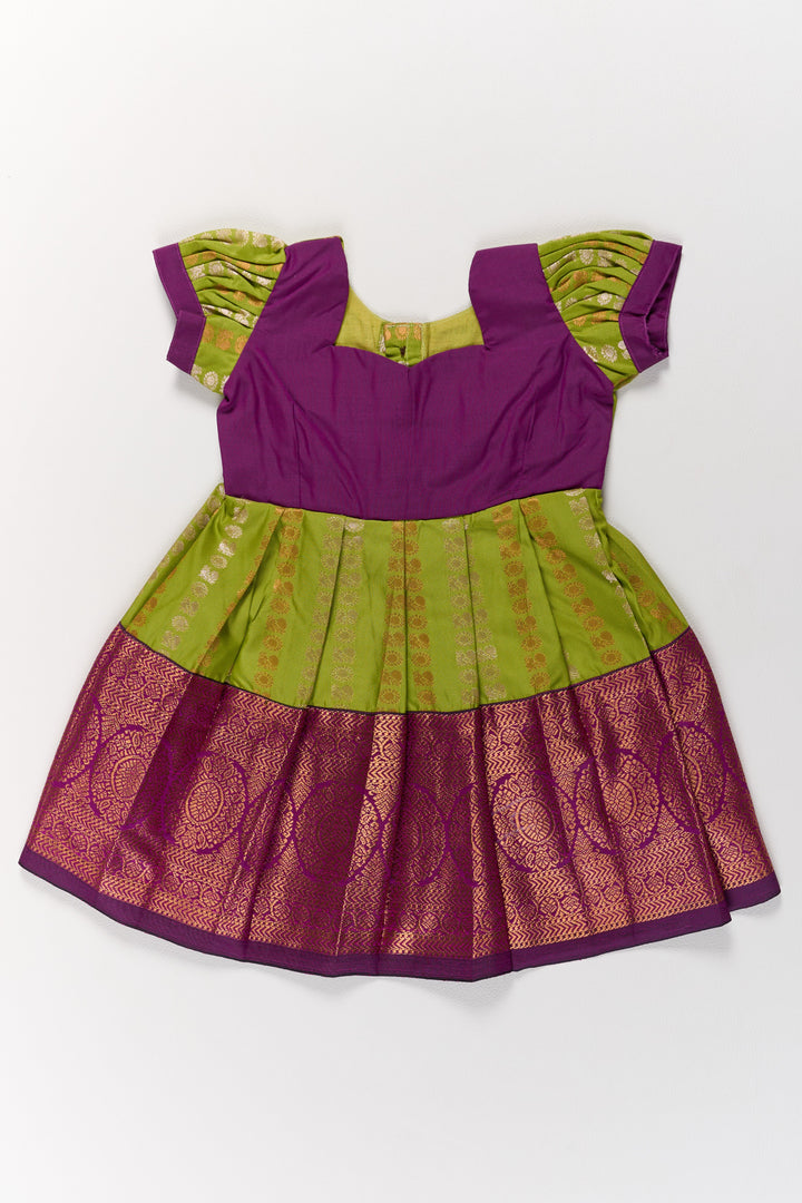 Vibrant Green and Maroon Infant Pattu Pavadai for Baby Girls with Zari Borders