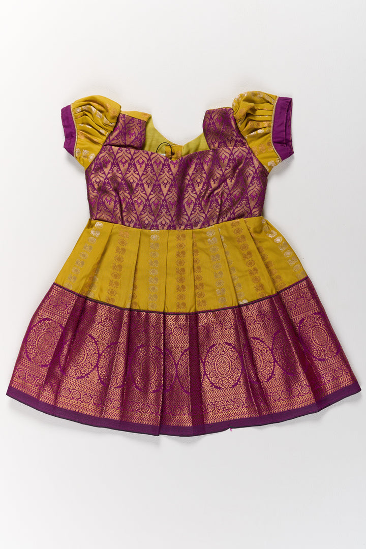 Mustard and Maroon Pattu Pavadai for Girls with Elegant Zari Motifs