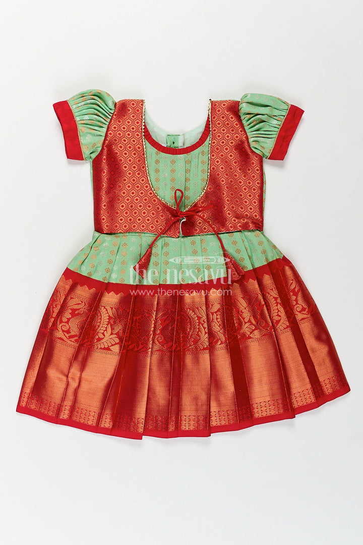 Girls Kanchivaram Pattu Saree Long Frock with Puff Sleeves in Green and Red Zari Woven Traditional Style