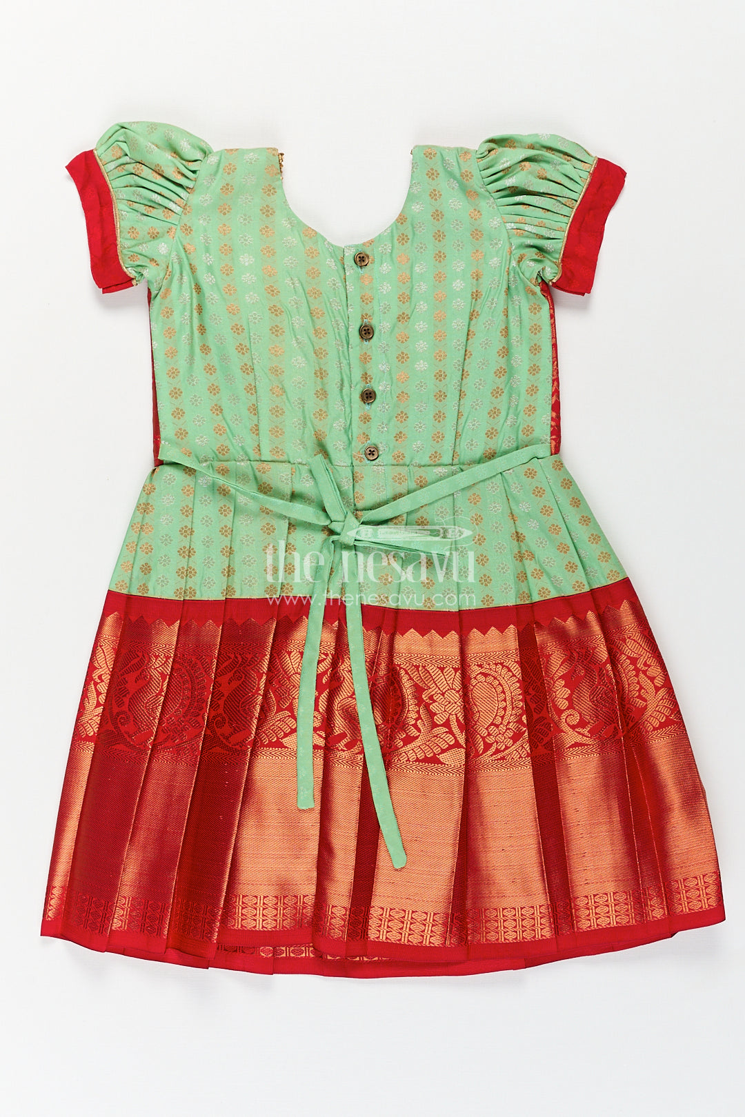Girls Kanchivaram Pattu Saree Long Frock with Puff Sleeves in Green and Red Zari Woven Traditional Style