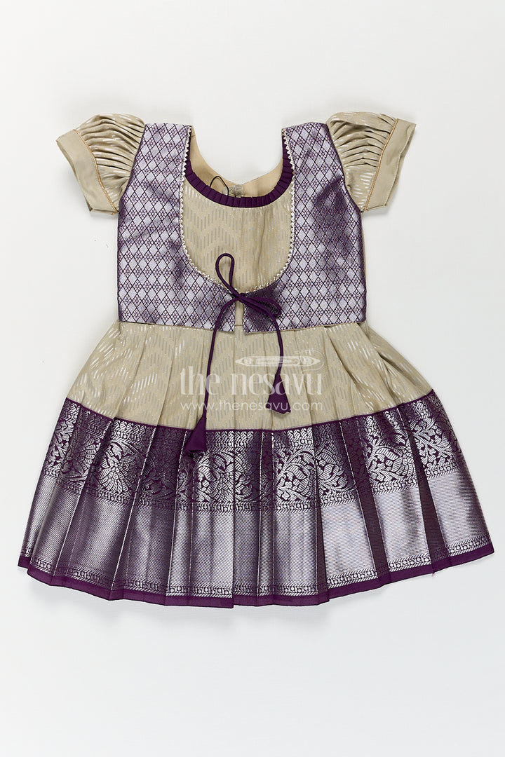 Girls Kanchivaram Frock Traditional in Cream and Purple with Puff Sleeves and Zari Woven Border