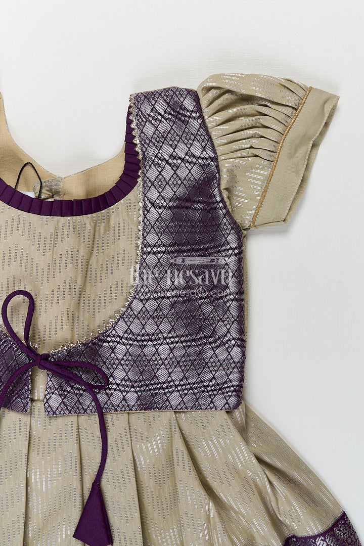 Girls Kanchivaram Frock Traditional in Cream and Purple with Puff Sleeves and Zari Woven Border