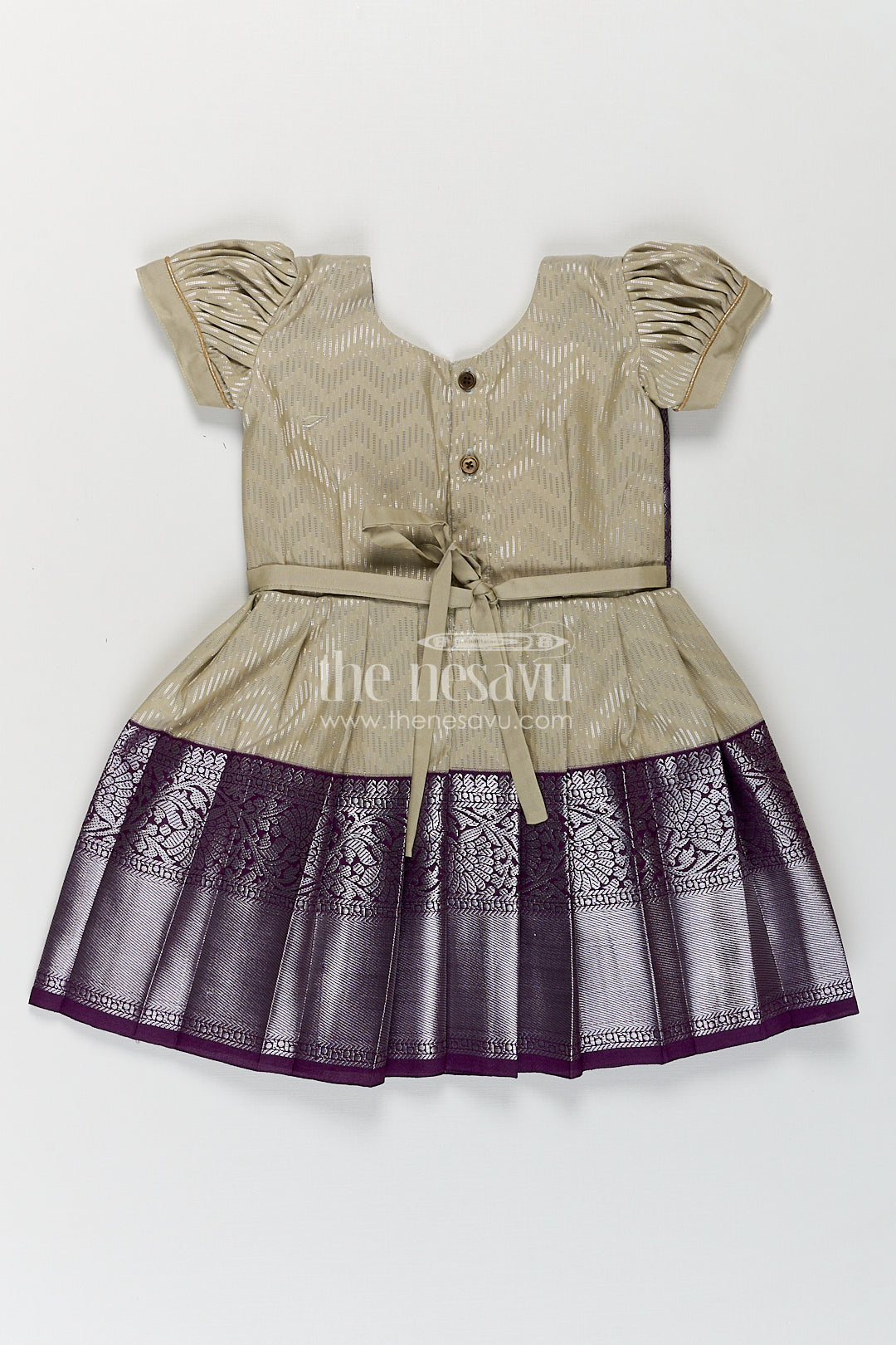 Girls Kanchivaram Frock Traditional in Cream and Purple with Puff Sleeves and Zari Woven Border