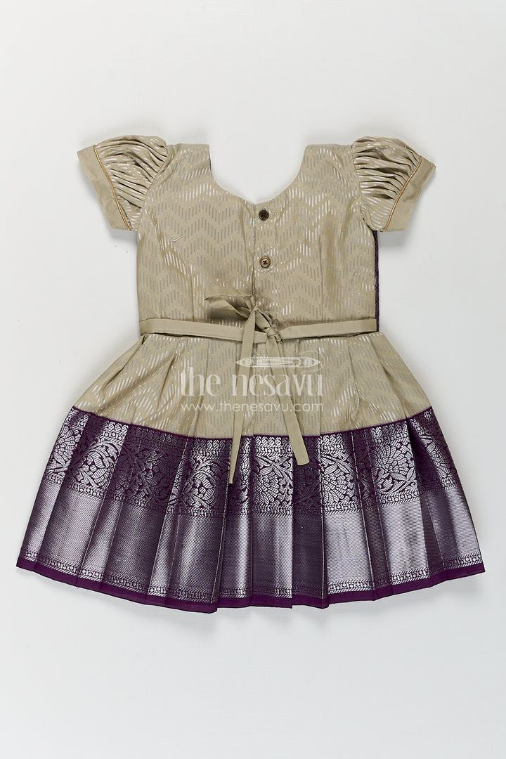 Girls Kanchivaram Frock Traditional in Cream and Purple with Puff Sleeves and Zari Woven Border
