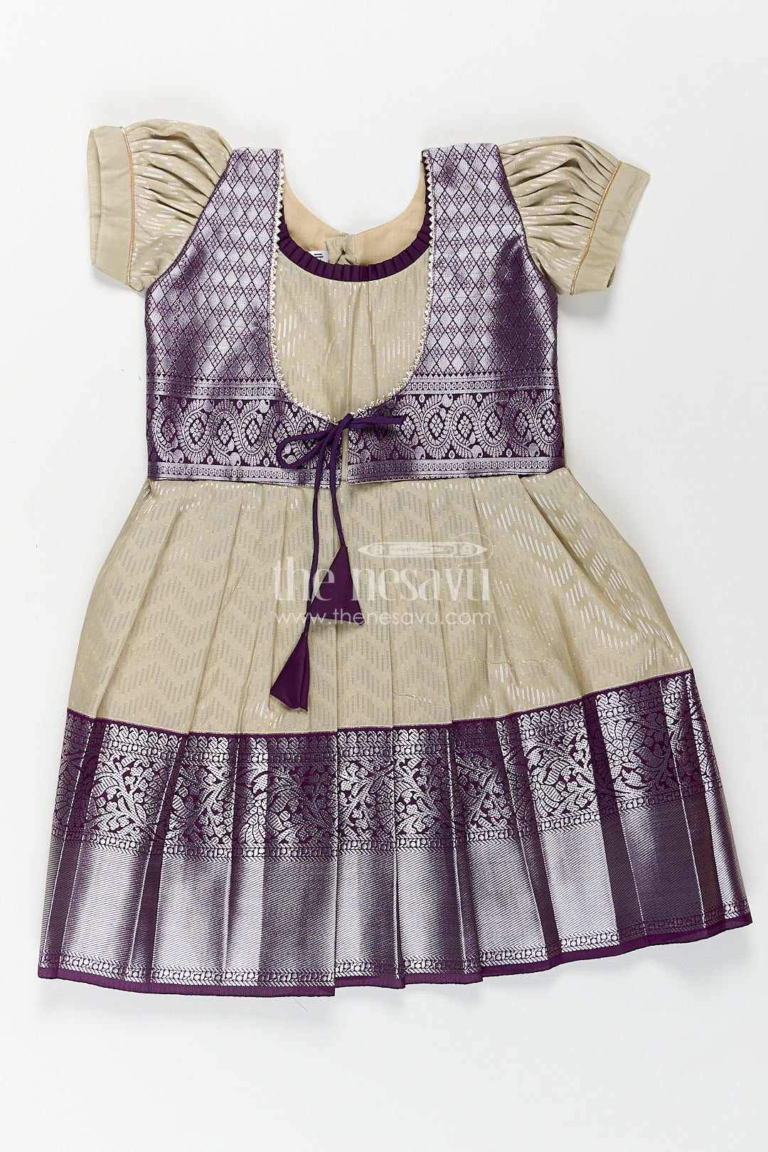 Girls Kanchivaram Frock Traditional in Cream and Purple with Puff Sleeves and Zari Woven Border