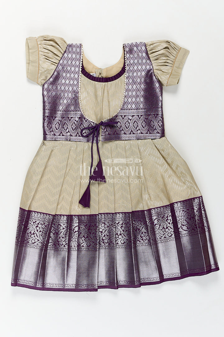 Girls Kanchivaram Frock Traditional in Cream and Purple with Puff Sleeves and Zari Woven Border