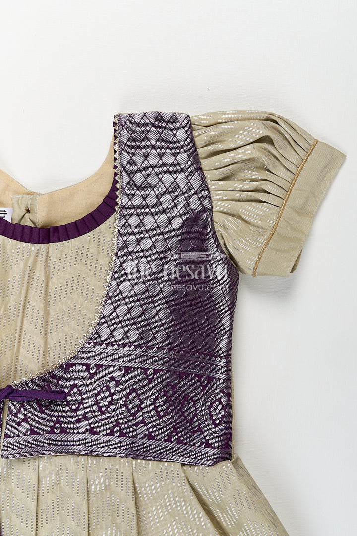 Girls Kanchivaram Frock Traditional in Cream and Purple with Puff Sleeves and Zari Woven Border