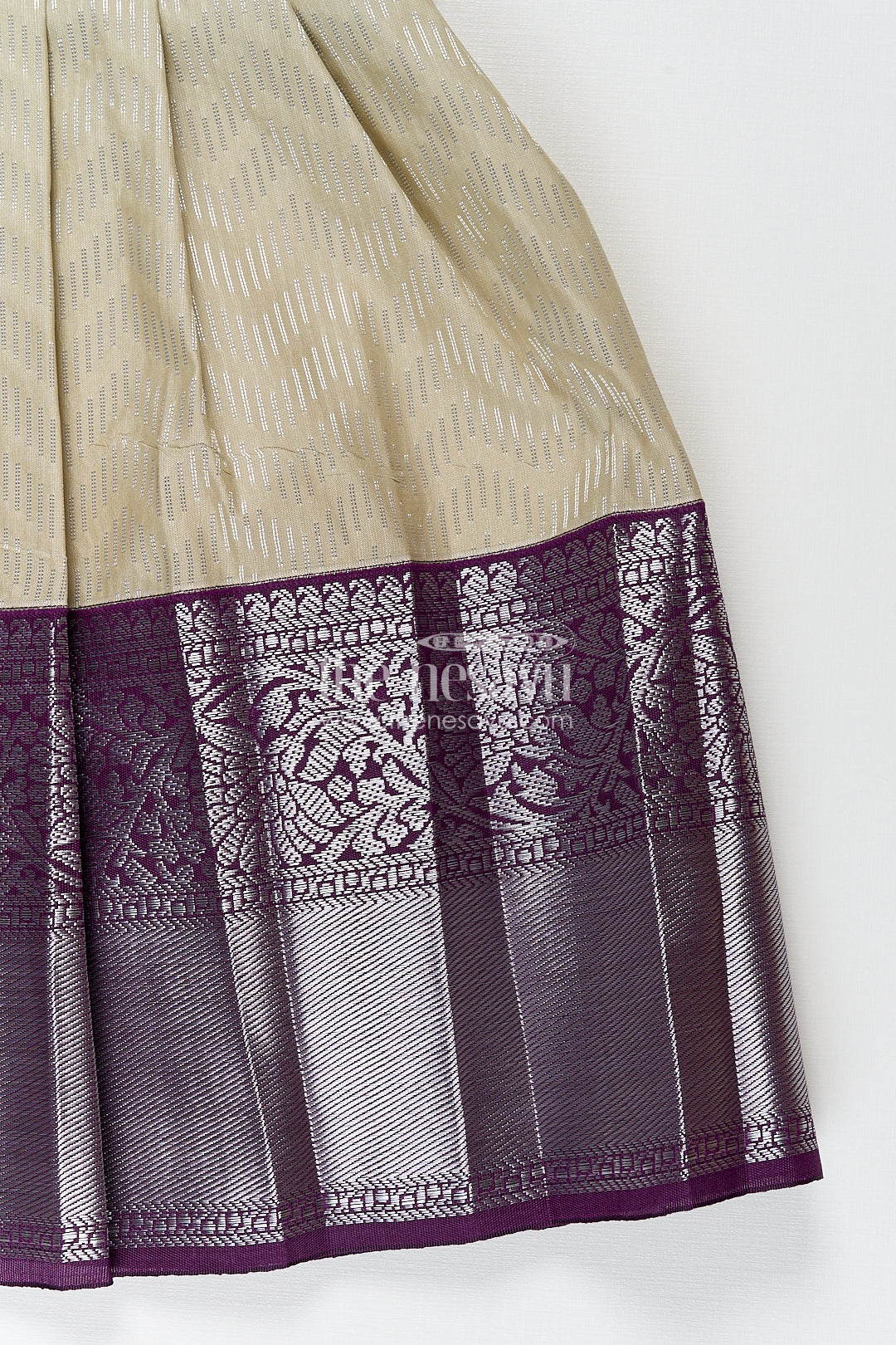 Girls Kanchivaram Frock Traditional in Cream and Purple with Puff Sleeves and Zari Woven Border