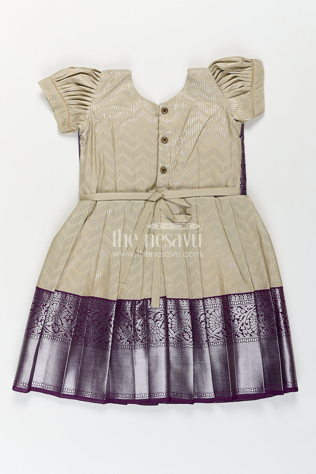 Girls Kanchivaram Frock Traditional in Cream and Purple with Puff Sleeves and Zari Woven Border