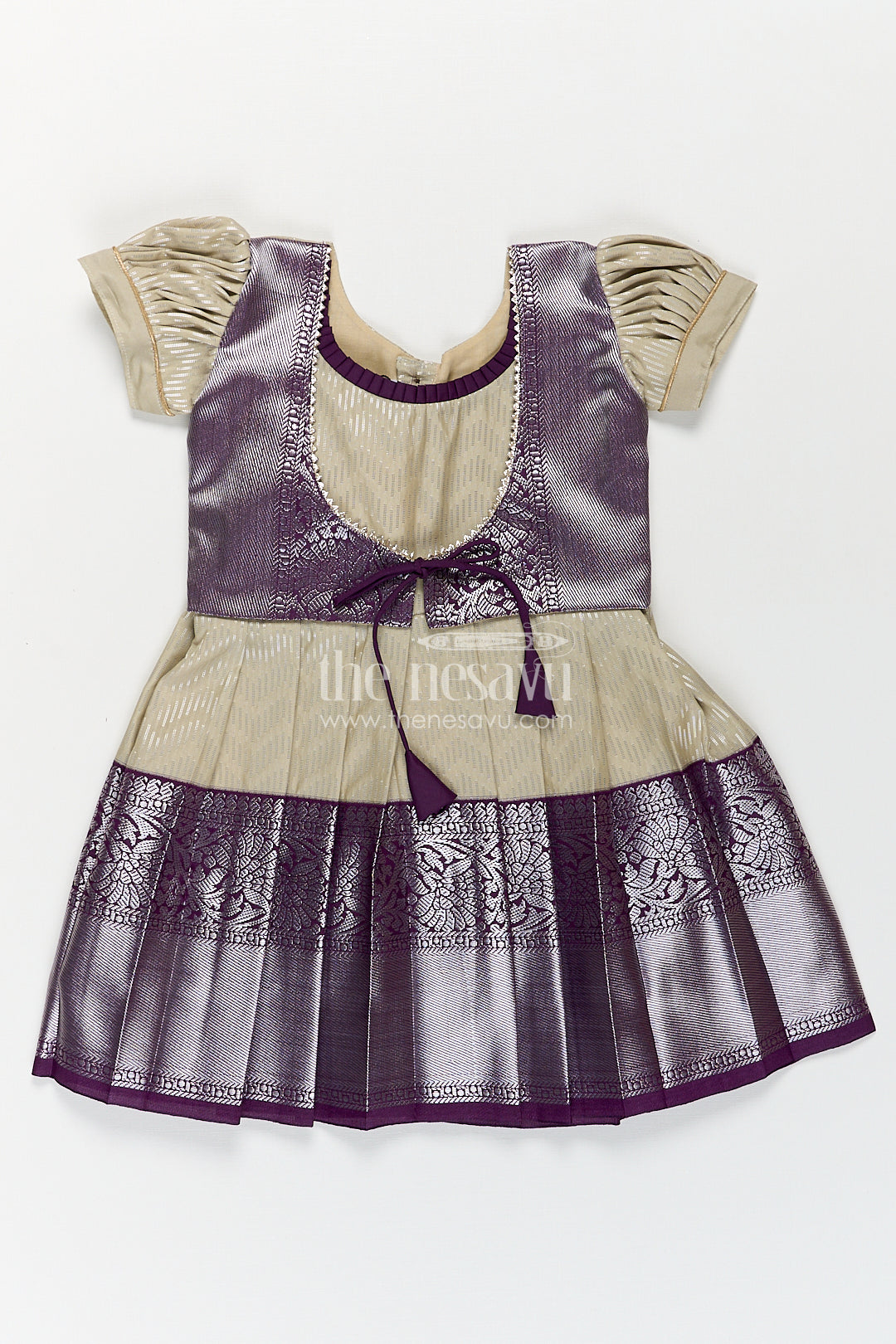 Girls Kanchivaram Frock Traditional in Cream and Purple with Puff Sleeves and Zari Woven Border