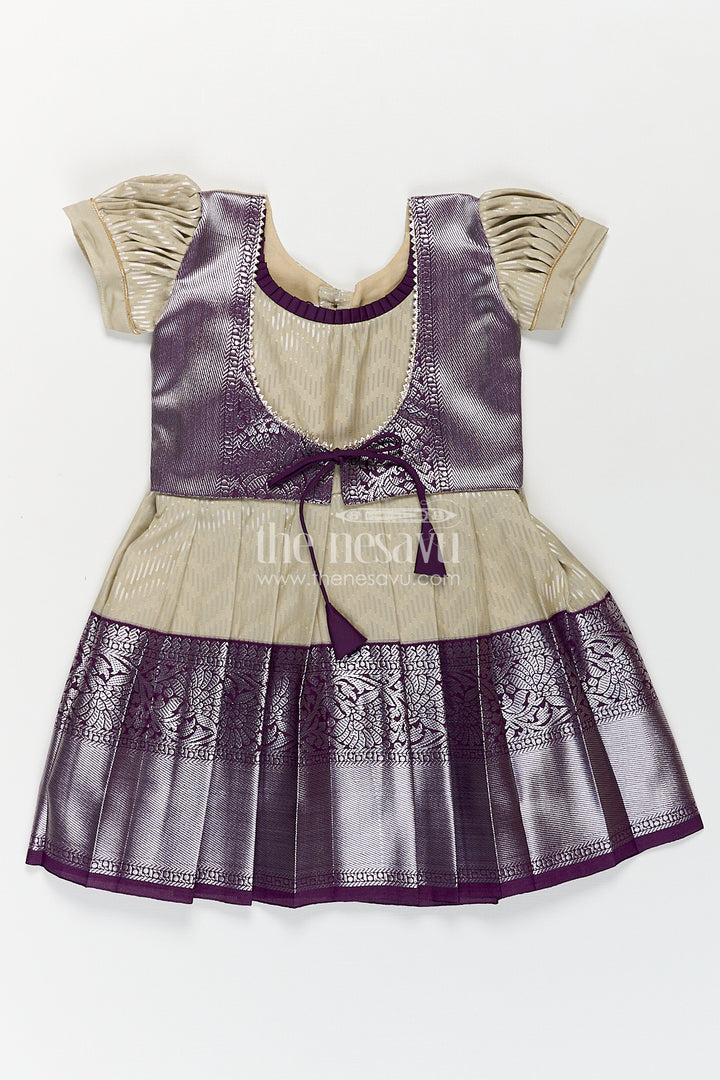Girls Kanchivaram Frock Traditional in Cream and Purple with Puff Sleeves and Zari Woven Border