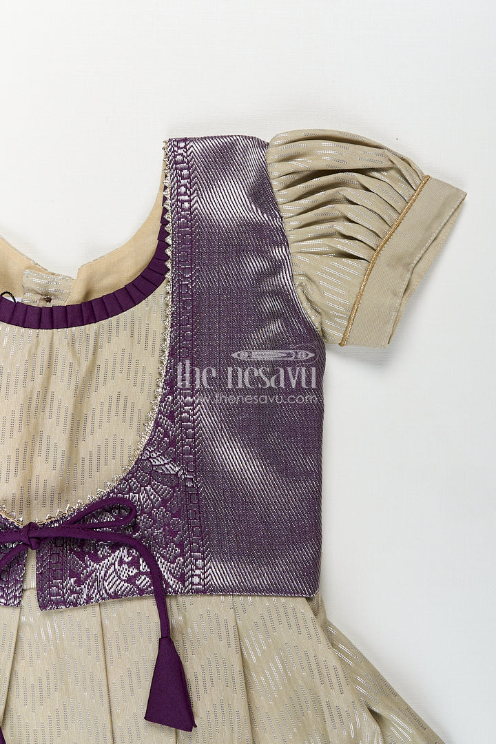 Girls Kanchivaram Frock Traditional in Cream and Purple with Puff Sleeves and Zari Woven Border