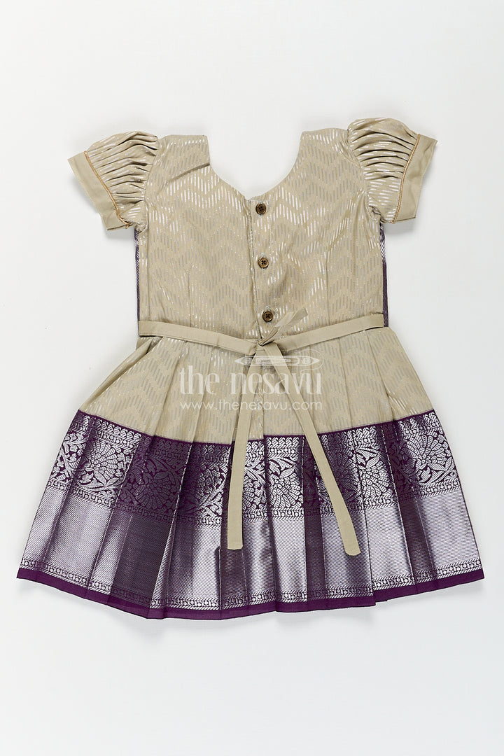 Girls Kanchivaram Frock Traditional in Cream and Purple with Puff Sleeves and Zari Woven Border