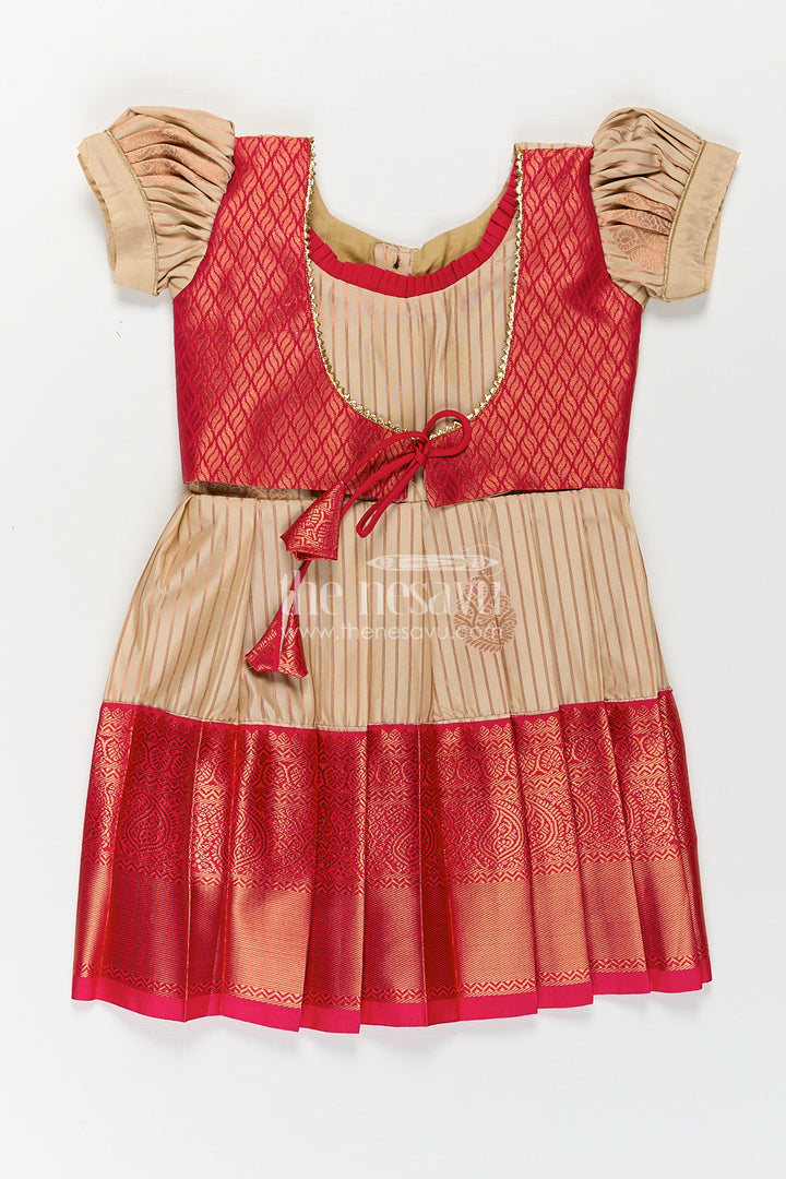 Girls Kanchivaram Frock Design with Silk Saree Style in Cream and Red with Puff Sleeves and Zari Border