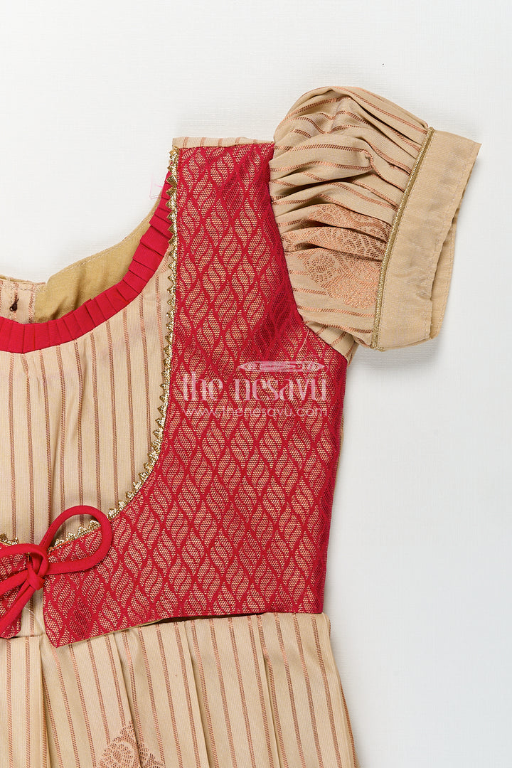 Girls Kanchivaram Frock Design with Silk Saree Style in Cream and Red with Puff Sleeves and Zari Border