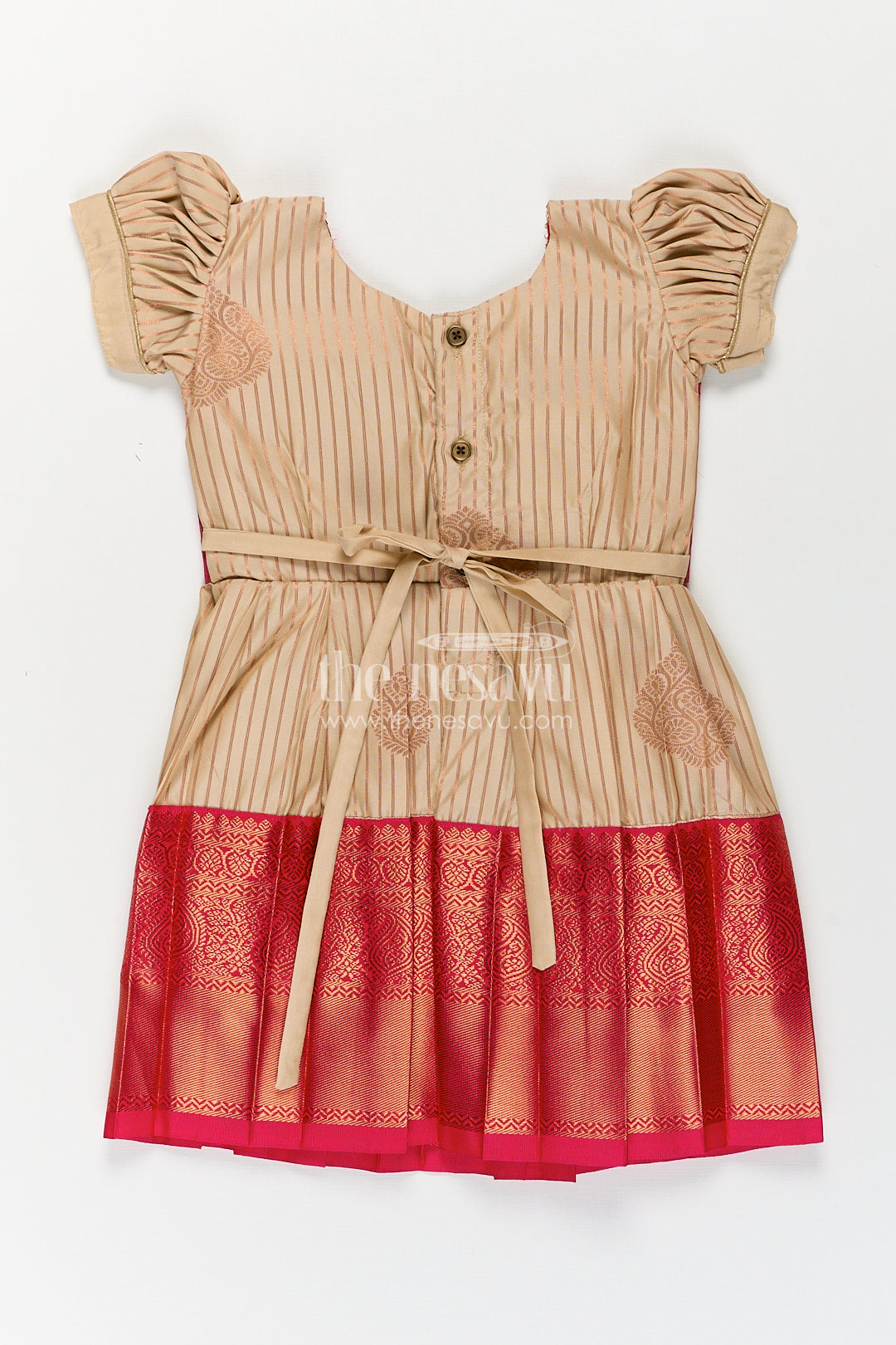 Girls Kanchivaram Frock Design with Silk Saree Style in Cream and Red with Puff Sleeves and Zari Border