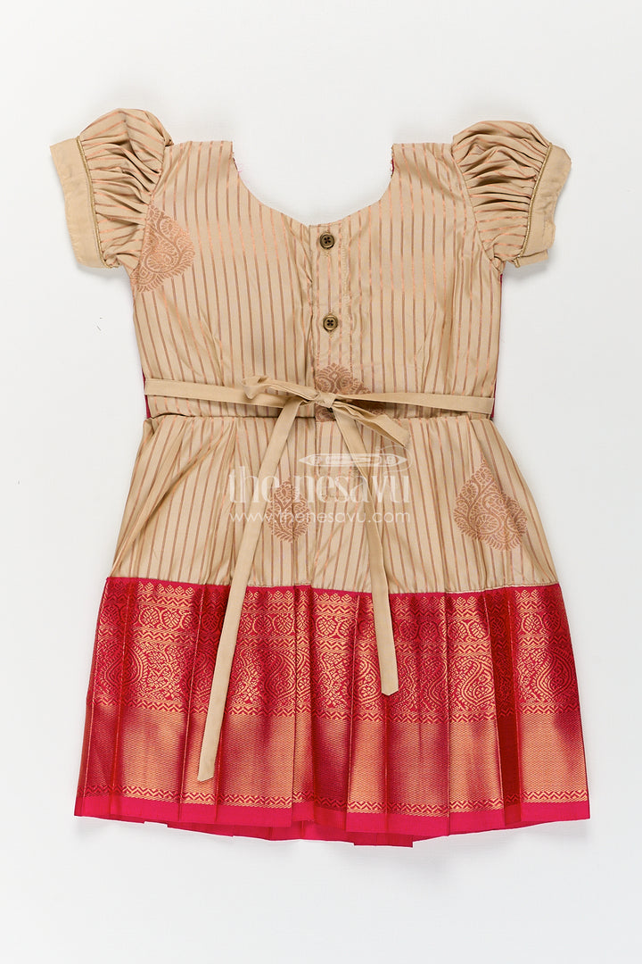 Girls Kanchivaram Frock Design with Silk Saree Style in Cream and Red with Puff Sleeves and Zari Border