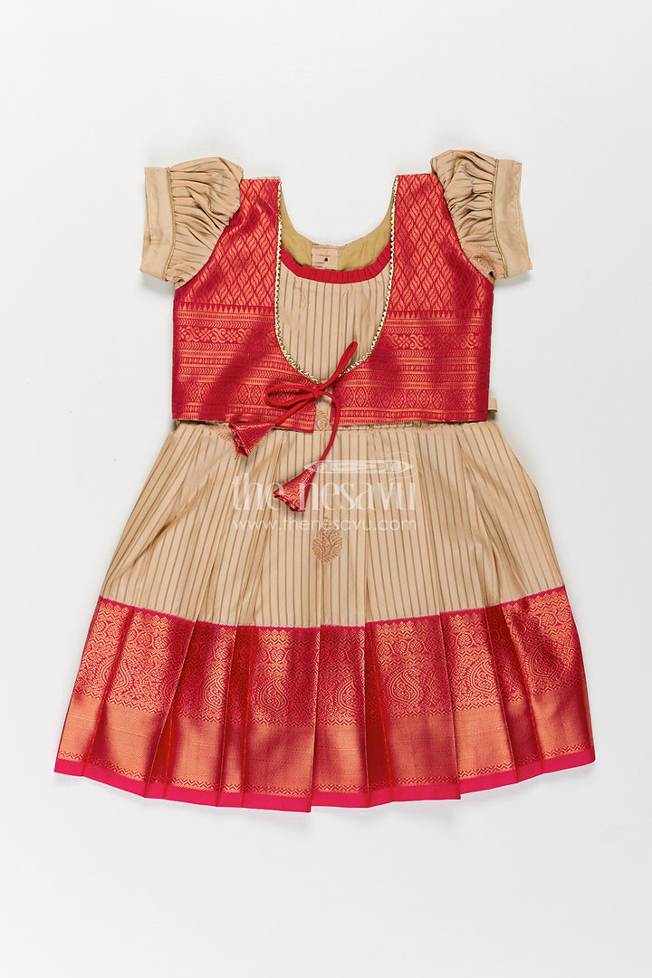 Girls Kanchivaram Frock Design with Silk Saree Style in Cream and Red with Puff Sleeves and Zari Border