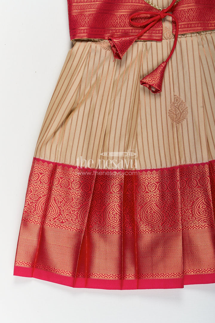 Girls Kanchivaram Frock Design with Silk Saree Style in Cream and Red with Puff Sleeves and Zari Border